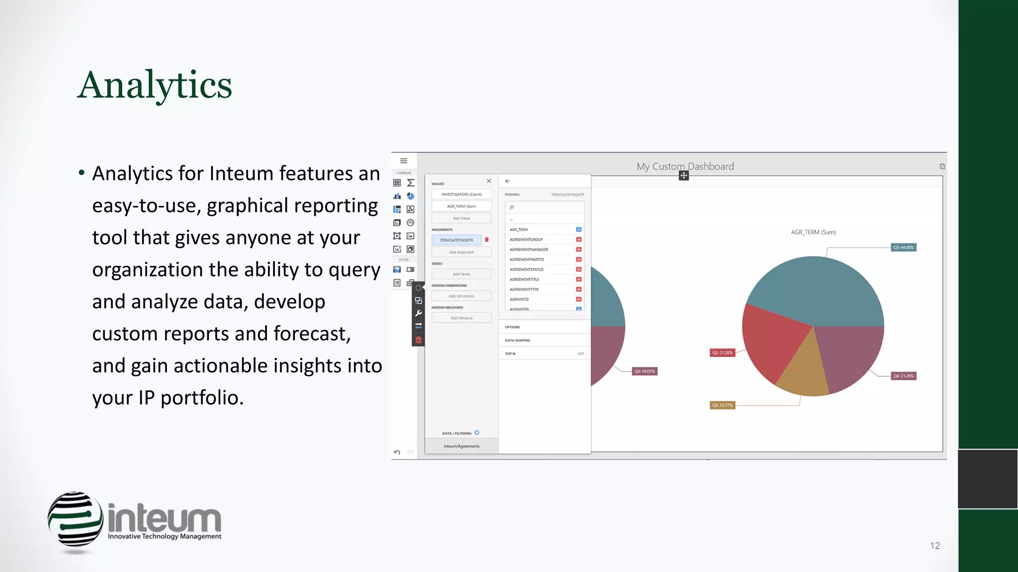Analytics
• Analytics for Inteum features an
easy-to-use, graphical reporting
tool that gives anyone at your
organization the ability to query
and analyze data, develop
custom reports and forecast,
and gain actionable insights into
your IP portfolio.
12
 