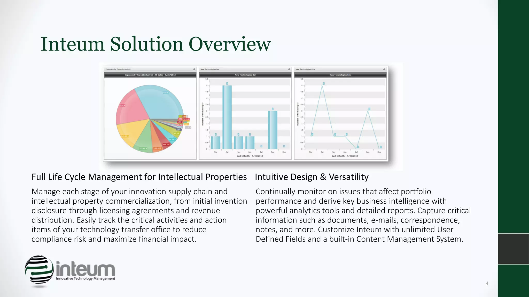 Inteum Solution Overview
Full Life Cycle Management for Intellectual Properties
Manage each stage of your innovation supply chain and
intellectual property commercialization, from initial invention
disclosure through licensing agreements and revenue
distribution. Easily track the critical activities and action
items of your technology transfer office to reduce
compliance risk and maximize financial impact.
Intuitive Design & Versatility
Continually monitor on issues that affect portfolio
performance and derive key business intelligence with
powerful analytics tools and detailed reports. Capture critical
information such as documents, e-mails, correspondence,
notes, and more. Customize Inteum with unlimited User
Defined Fields and a built-in Content Management System.
4
 