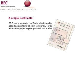 A single Certificate: BEC has a separate certificate which can be added as an individual item to your CV (or as a separate paper to your professional profile). 