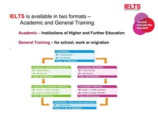 IELTS  is available in two formats –  Academic and General Training .   Academic  –  Institutions of Higher and Further Education General Training  – for school, work or migration . 