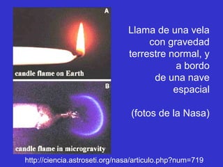 http://ciencia.astroseti.org/nasa/articulo.php?num=719
Llama de una vela
con gravedad
terrestre normal, y
a bordo
de una nave
espacial
(fotos de la Nasa)
 