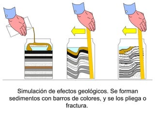 Simulación de efectos geológicos. Se forman
sedimentos con barros de colores, y se los pliega o
fractura.
 