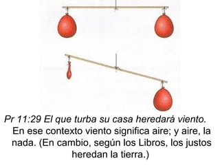 http://evidenciascristianas.blogspot.com/
Job 28:25 (1500 a.C.) Al dar peso al viento, y
poner las aguas por medida…
Pr 11:29 El que turba su casa heredará viento.
En ese contexto viento significa aire; y aire, la
nada. (En cambio, según los Libros, los justos
heredan la tierra.)
 