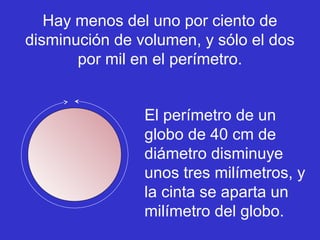Hay menos del uno por ciento de
disminución de volumen, y sólo el dos
por mil en el perímetro.
El perímetro de un
globo de 40 cm de
diámetro disminuye
unos tres milímetros, y
la cinta se aparta un
milímetro del globo.
 