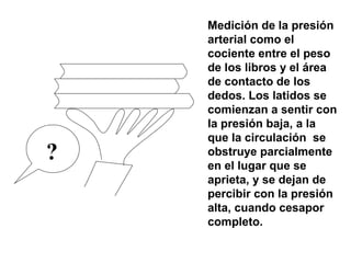 ?
Medición de la presión
arterial como el
cociente entre el peso
de los libros y el área
de contacto de los
dedos. Los latidos se
comienzan a sentir con
la presión baja, a la
que la circulación se
obstruye parcialmente
en el lugar que se
aprieta, y se dejan de
percibir con la presión
alta, cuando cesapor
completo.
 