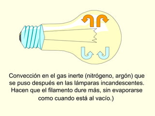 Convección en el gas inerte (nitrógeno, argón) que
se puso después en las lámparas incandescentes.
Hacen que el filamento dure más, sin evaporarse
como cuando está al vacío.)
 