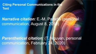 Citing Personal Communications in the
Text
Narrative citation: E.-M. Paradis (personal
communication, August 8, 2019)
Parenthetical citation: (T. Nguyen, personal
communication, February 24, 2020)
 