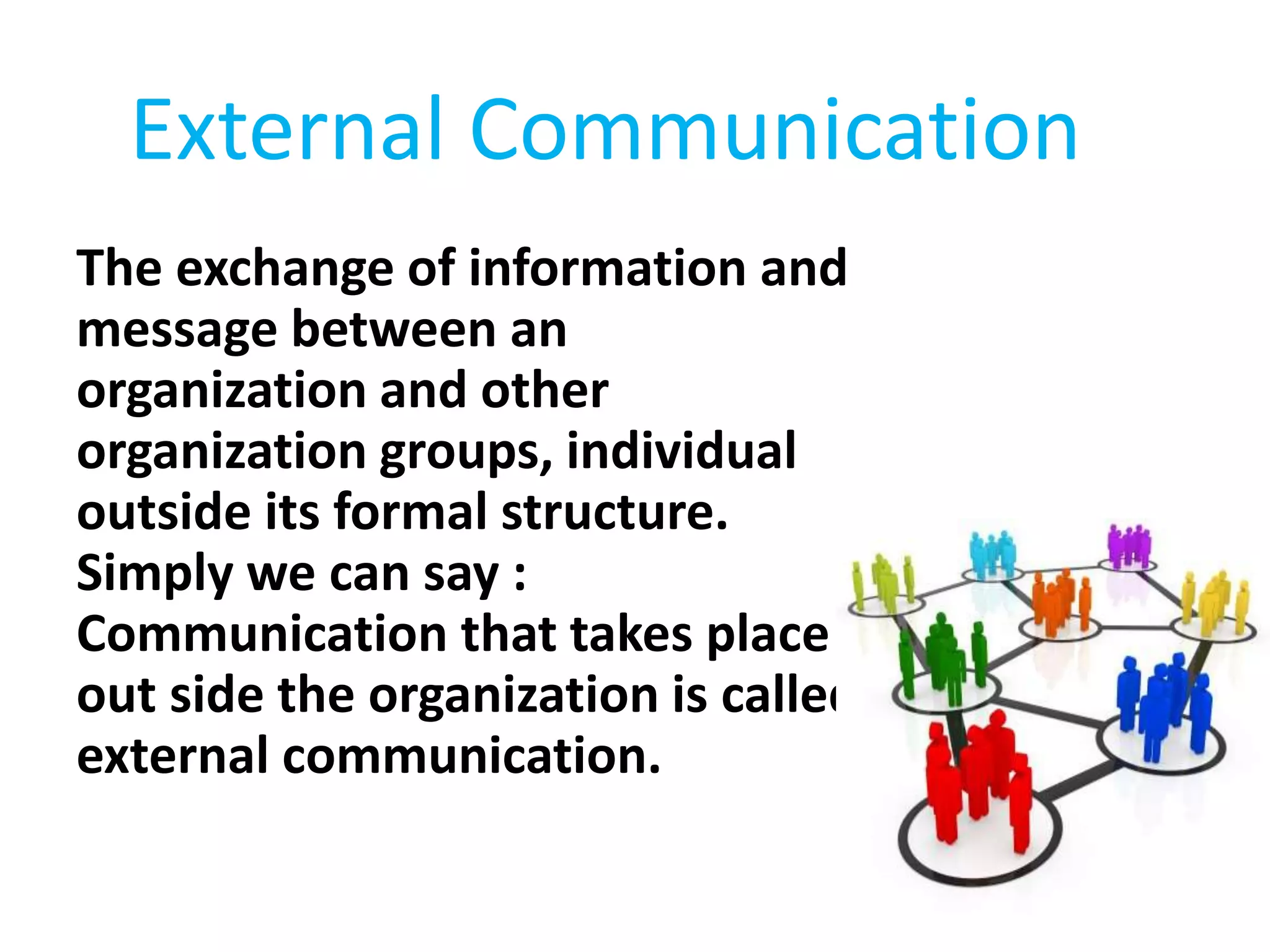 The exchange of information and
message between an
organization and other
organization groups, individual
outside its formal structure.
Simply we can say :
Communication that takes place
out side the organization is called
external communication.
External Communication
 