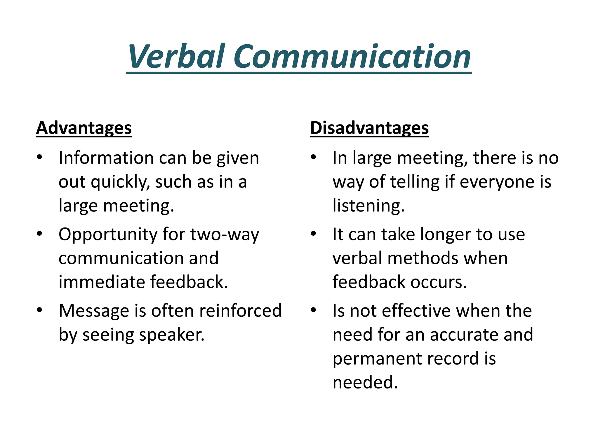 Verbal Communication
Advantages
• Information can be given
out quickly, such as in a
large meeting.
• Opportunity for two-way
communication and
immediate feedback.
• Message is often reinforced
by seeing speaker.
Disadvantages
• In large meeting, there is no
way of telling if everyone is
listening.
• It can take longer to use
verbal methods when
feedback occurs.
• Is not effective when the
need for an accurate and
permanent record is
needed.
 