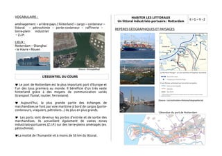 VOCABULAIRE : 
aménagement – arrière-pays / hinterland – cargo – conteneur – 
littoral – pétrochimie – porte-conteneur – raffinerie – 
terre-plein industriel 
– Z.I.P. 
LIEUX : 
Rotterdam – Shanghai 
- le Havre - Rouen 
(Source : ©GoogleMap) 
L'ESSENTIEL DU COURS 
 Le port de Rotterdam est le plus important port d'Europe et 
l'un des tous premiers au monde. Il bénéficie d'un très vaste 
hinterland grâce à des moyens de communication variés 
(transport fluvial, routier, ferroviaire). 
 Aujourd'hui, la plus grande partie des échanges de 
marchandises se font par voie maritime à bord de cargos (porte-conteneurs, 
vraquiers, pétroliers...) de plus en plus grands. 
 Les ports sont devenus les portes d'entrée et de sortie des 
marchandises. Ils accueillent également de vastes zones 
industrialo-portuaires (Z.I.P.) sur des terre-pleins aménagés (ex. 
pétrochimie). 
La moitié de l'humanité vit à moins de 50 km du littoral. 
HABITER LES LITTORAUX 
Un littoral industrialo-portuaire : Rotterdam 6 - G – V - 2 
REPÈRES GÉOGRAPHIQUES ET PAYSAGES 
(Source : LeLivreScolaire Histoire/Géographie 6e) 
L'étendue du port de Rotterdam 
 