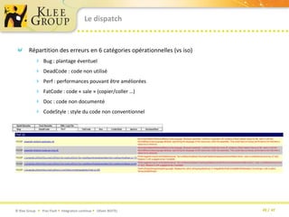 Le dispatchRépartition des erreurs en 6 catégories opérationnelles (vs iso)Bug : plantage éventuelDeadCode : code non utiliséPerf : performances pouvant être amélioréesFatCode : code « sale » (copier/coller …)Doc : code non documentéCodeStyle : style du code non conventionnel