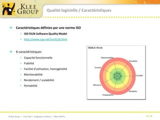 Qualité logicielle / CaractéristiquesCaractéristiques définies par une norme ISOISO 9126 Software Quality Modelhttp://www.sqa.net/iso9126.html6 caractéristiques Capacité fonctionnelleFiabilitéFacilité d’utilisation, homogénéitéMaintenabilitéRendement / scalabilitéPortabilité