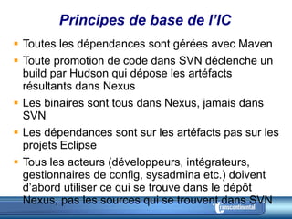 Principes de base de l’IC Toutes les dépendances sont gérées avec Maven Toute promotion de code dans SVN déclenche un build par Hudson qui dépose les artéfacts résultants dans Nexus Les binaires sont tous dans Nexus, jamais dans SVN Les dépendances sont sur les artéfacts pas sur les projets Eclipse Tous les acteurs (développeurs, intégrateurs, gestionnaires de config, sysadmina etc.) doivent d’abord utiliser ce qui se trouve dans le dépôt Nexus, pas les sources qui se trouvent dans SVN 