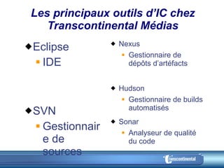 Les principaux outils d’IC chez Transcontinental Médias Eclipse  IDE SVN Gestionnaire de sources Maven Outil de build Nexus Gestionnaire de dépôts d’artéfacts Hudson Gestionnaire de builds automatisés Sonar Analyseur de qualité du code 