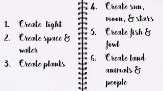 GOD’S WORK SCHEDULE
1. Create light
2. Create space &
water
3. Create plants
4. Create sun, moon,
& stars
5. Create fish &...