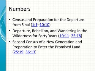 Numbers
• Census and Preparation for the Departure
from Sinai (1:1–10:10)
• Departure, Rebellion, and Wandering in the
Wilderness for Forty Years (10:11–25:18)
• Second Census of a New Generation and
Preparation to Enter the Promised Land
(25:19–36:13)

 