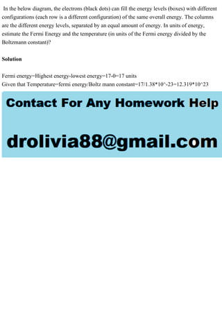 In the below diagram, the electrons (black dots) can fill the energy levels (boxes) with different
configurations (each row is a different configuration) of the same overall energy. The columns
are the different energy levels, separated by an equal amount of energy. In units of energy,
estimate the Fermi Energy and the temperature (in units of the Fermi energy divided by the
Boltzmann constant)?
Solution
Fermi energy=Highest energy-lowest energy=17-0=17 units
Given that Temperature=fermi energy/Boltz mann constant=17/1.38*10^-23=12.319*10^23
 