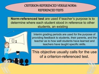 Therefore, there is no “one size
fits all” test that is appropriate
for every purpose and every
person.
CRITERION-REFERENCEDVERSUSNORM-
REFERENCEDTESTS
Norm-referenced test are used if teacher’s purpose is to
determine where each student stood in reference to other
students, an existing
Interim grading periods are used for the purpose of
providing feedback to students, their parents, and the
teacher as to how well students have learned and
teachers have taught specific skills.
This objective usually calls for the use
of a criterion-referenced test.
 