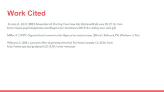 Work Cited
Brooks, K., Ed.D. (2013, November 6). Starting Your New Job. Retrieved February 28, 2016, from
https://www.psychologytoday.com/blog/career-transitions/201311/starting-your-new-job
Miller, K. (1999). Organizational communication: Approaches and processes (6th ed.). Belmont, CA: Wadsworth Pub.
Willyard, C. (2011, January). Men: A growing minority? Retrieved January 15, 2016, from
http://www.apa.org/gradpsych/2011/01/cover-men.aspx
 