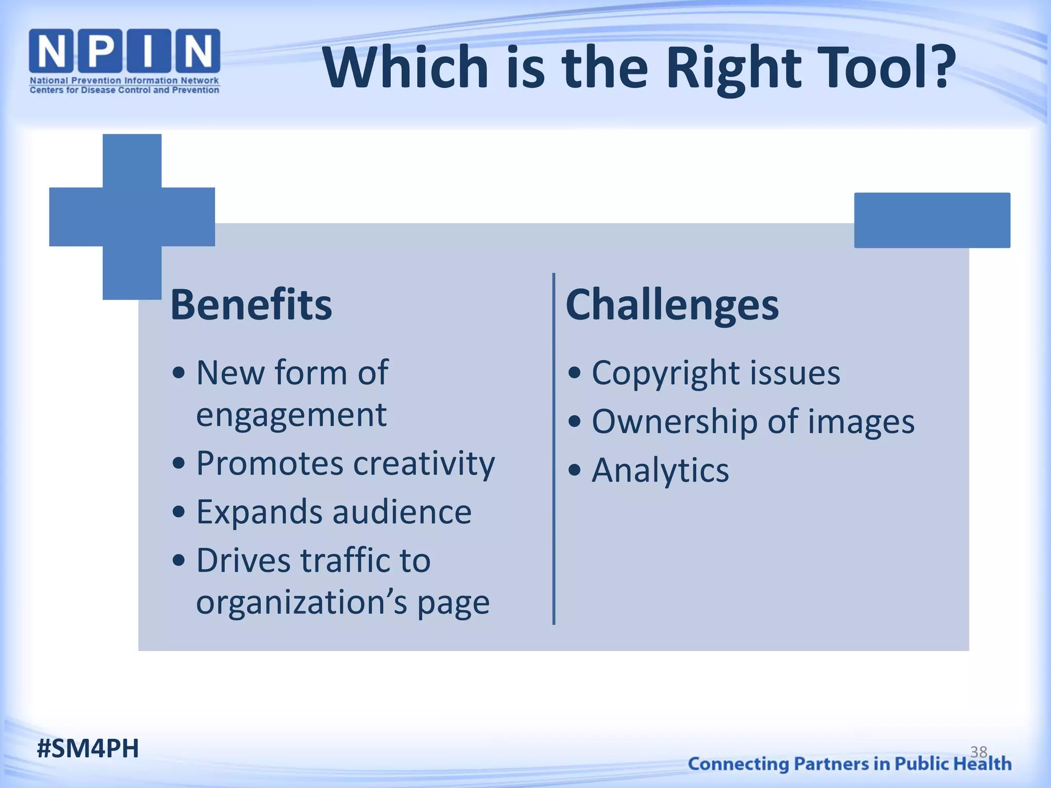 Which is the Right Tool?
Benefits
• New form of
engagement
• Promotes creativity
• Expands audience
• Drives traffic to
organization’s page
Challenges
• Copyright issues
• Ownership of images
• Analytics
#SM4PH 38
 
