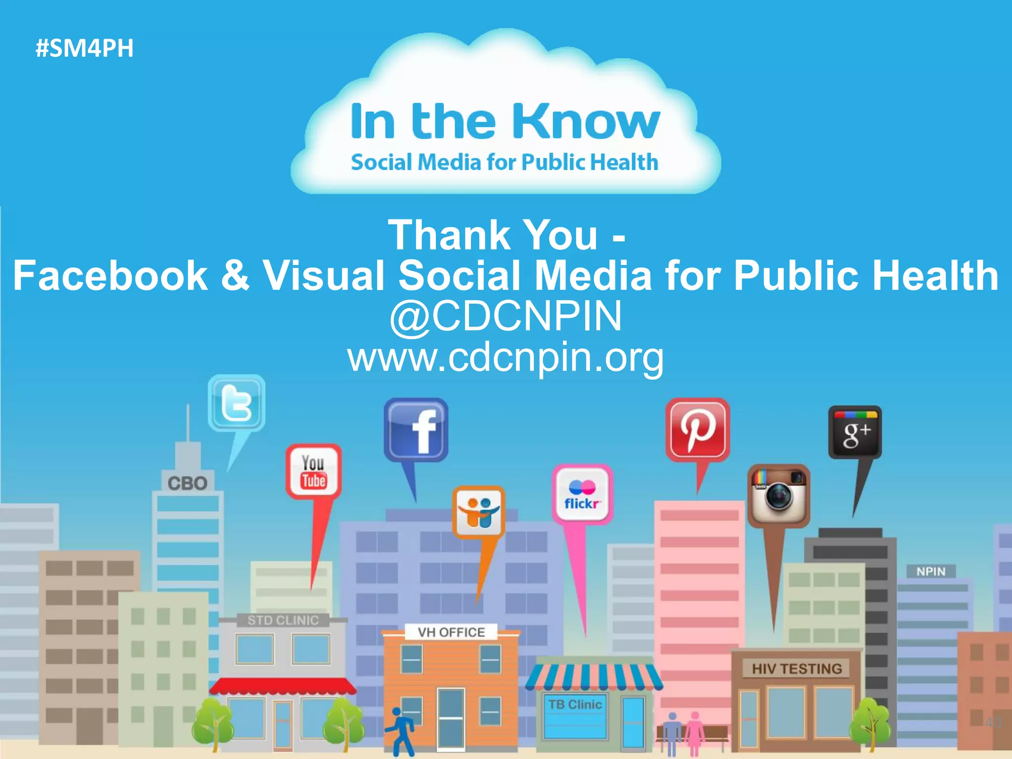 40
Thank You -
Facebook & Visual Social Media for Public Health
@CDCNPIN
www.cdcnpin.org
#SM4PH
 
