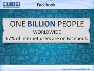 ONE BILLION PEOPLE
WORLDWIDE
67% of internet users are on Facebook.
Facebook
3
 