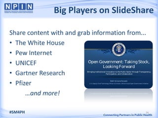 Big Players on SlideShare

Share content with and grab information from...
• The White House
• Pew Internet
• UNICEF
• Gartner Research
• Pfizer
      …and more!

#SM4PH                                        24
 