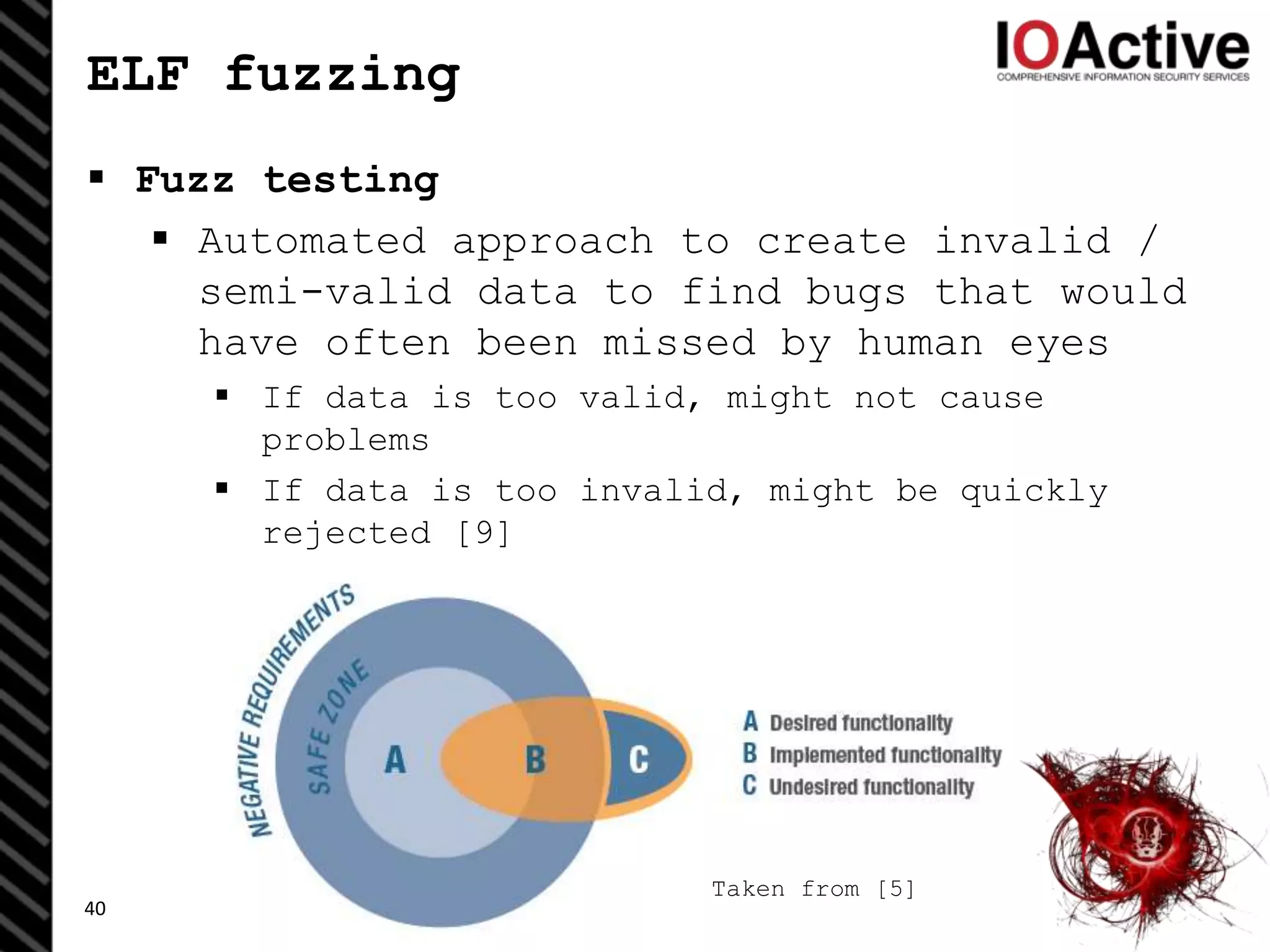 ELF fuzzing
 Fuzz testing
 Automated approach to create invalid /
semi-valid data to find bugs that would
have often been missed by human eyes
 If data is too valid, might not cause
problems
 If data is too invalid, might be quickly
rejected [9]
40
Taken from [5]
 