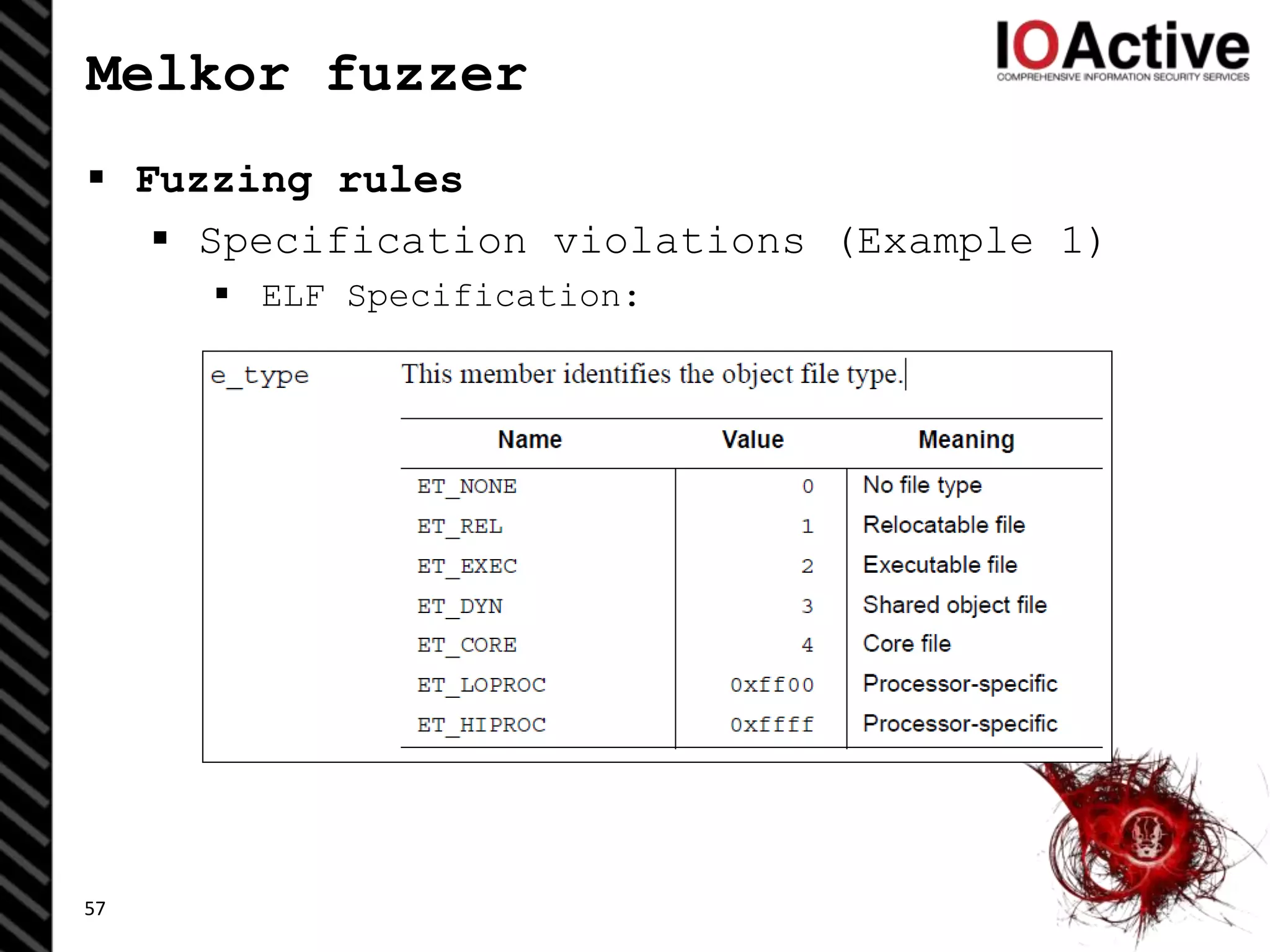 Melkor fuzzer
 Fuzzing rules
 Specification violations (Example 1)
 ELF Specification:
57
 