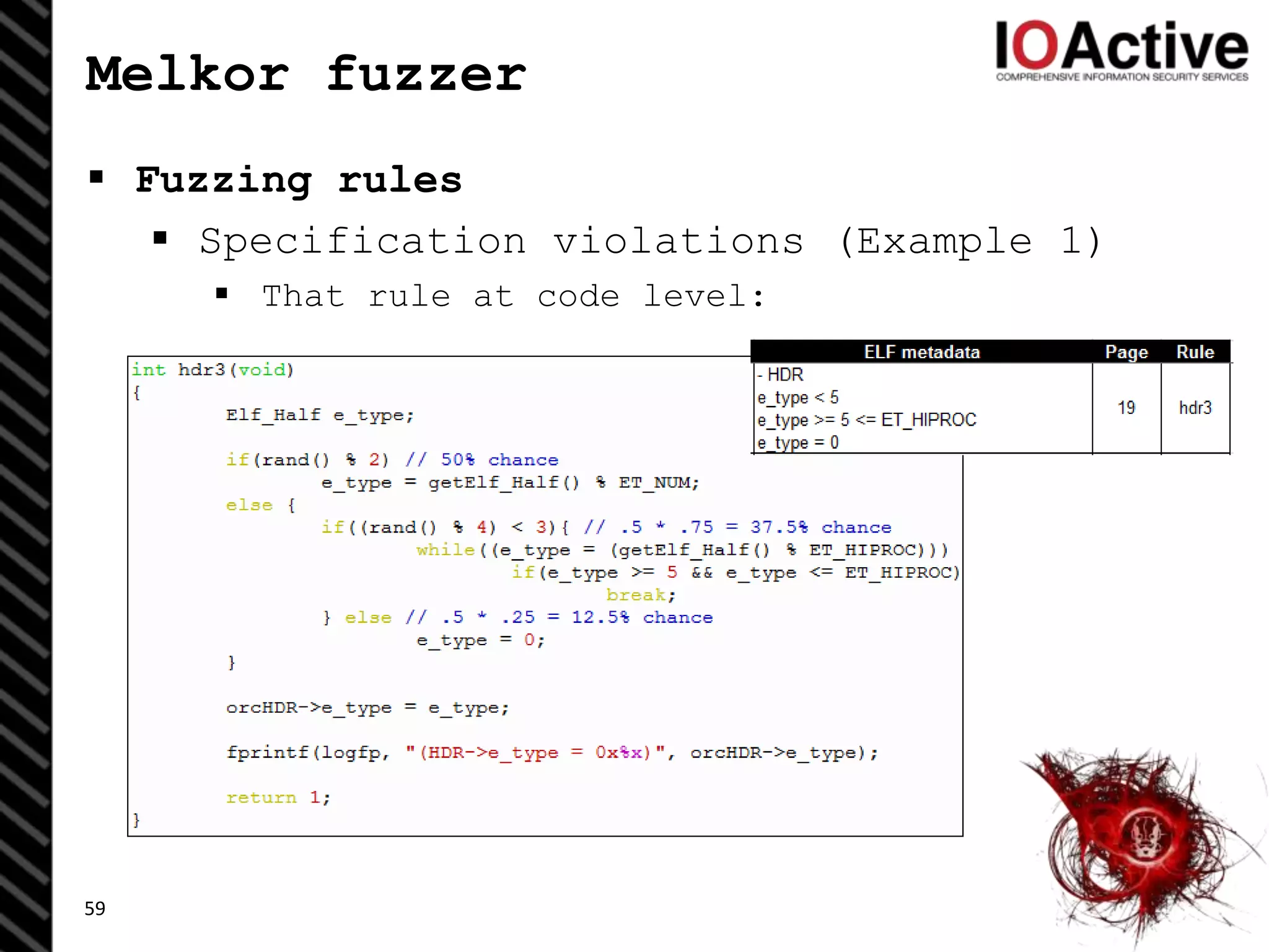 Melkor fuzzer
 Fuzzing rules
 Specification violations (Example 1)
 That rule at code level:
59
 