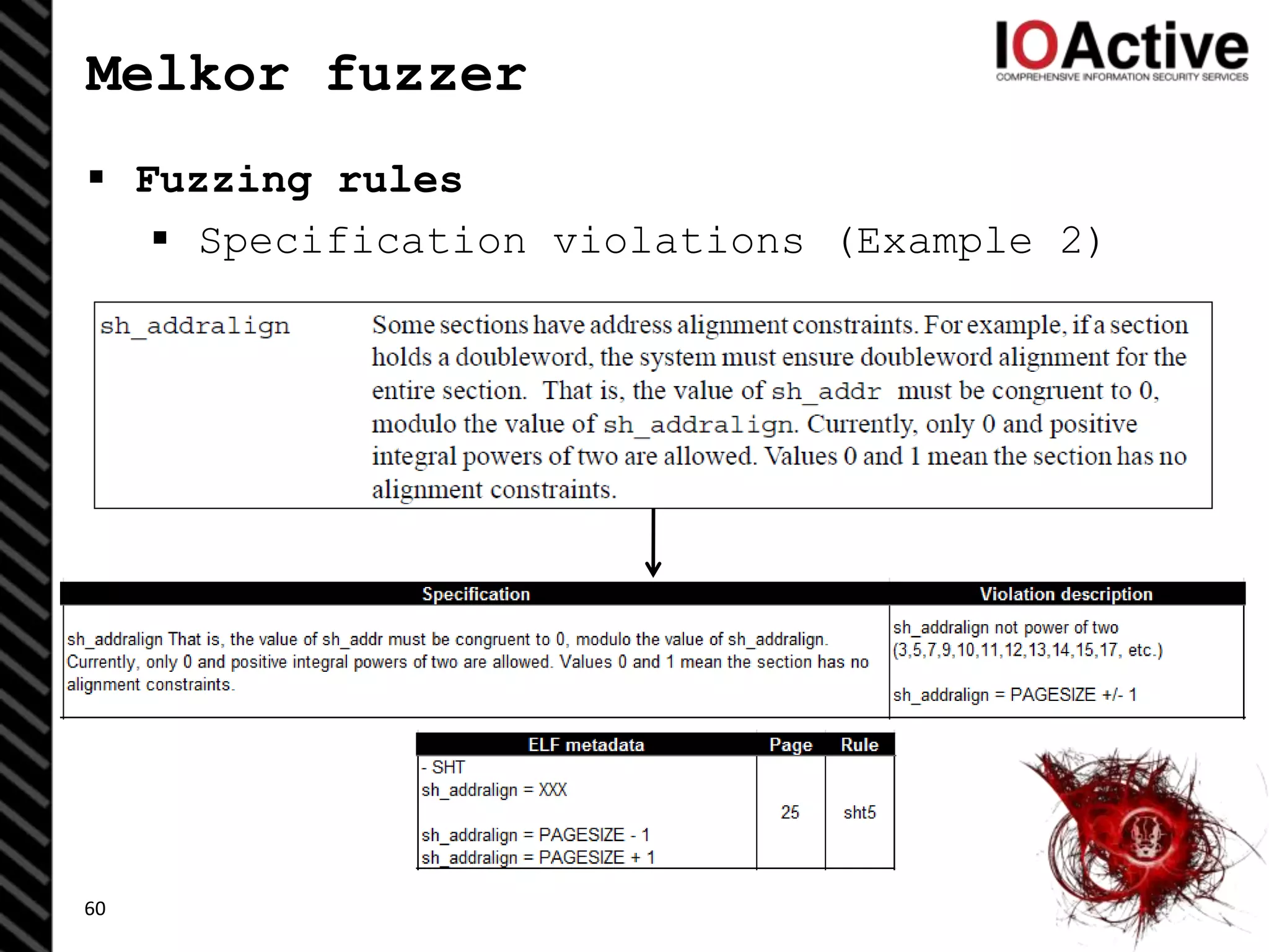 Melkor fuzzer
 Fuzzing rules
 Specification violations (Example 2)
60
 