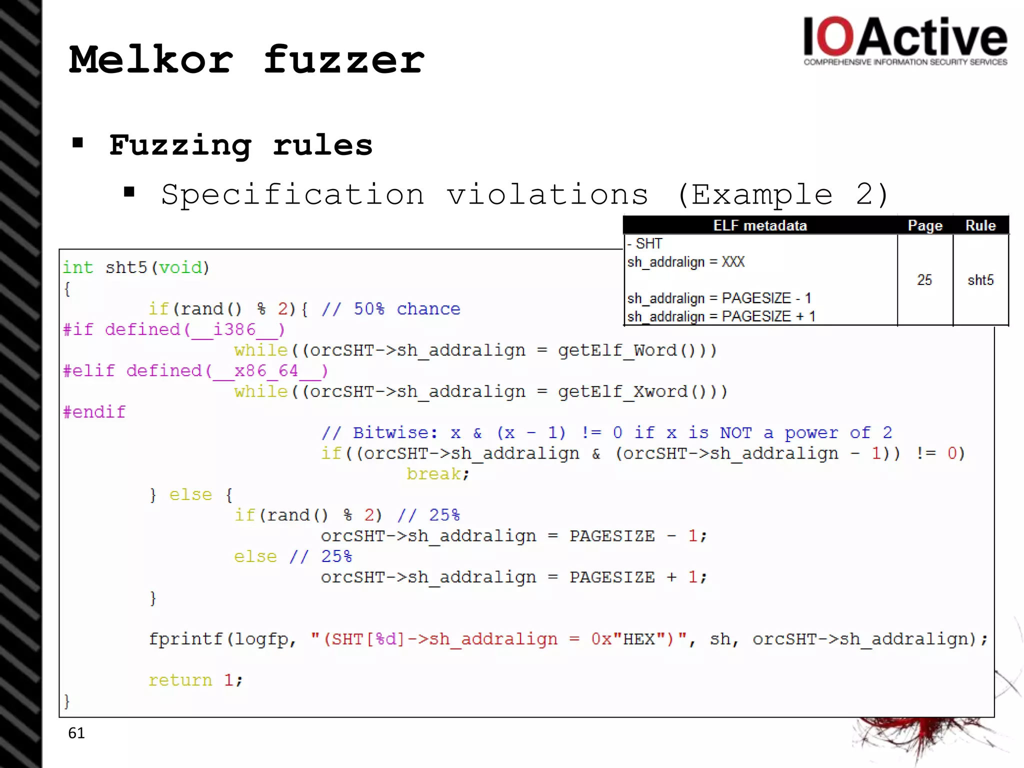 Melkor fuzzer
 Fuzzing rules
 Specification violations (Example 2)
61
 
