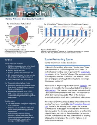 September 2009
                                                                                                                       Volume 2, Issue 9


 Monthly Websense Email Security Threat Brief

    Top 10 Classifications of URLs in Email                                  Top 10 ThreatSeekerTM Malware Discoveries & Closed Window of Exposure
      Other                         Tech                   1,000,000
                                                                                                Instances    AV Exposure Window
                                                                                                                                                          140
      25%                           19%                            100,000                                                                                120




                                                       Instances
                                                                                                                                                          100




                                                                                                                                                                Hours
                                                                    10,000
                                                                                                                                                          80
                                                                     1,000
                                                                                                                                                          60
                                                                      100                                                                                 40
                                                                       10                                                                                 20
Health
                                           Malicious                    1                                                                                 0
 4%
                                            18%
Business
  10%
     Forums                     Shopping
        3% Search                  7%
                  Travel Financial
            5%      3%      6%

Figure 1: Embedded URLs in Email                                      Figure 2: First to Detect
Understanding how Web URLs in Email are classified                    Because of the ThreatSeekerTM Network, our Email Security customers are protected
is crucial to stopping converged threats                              hours, and often days, before other security vendors provide a solution.




KEY STATS                                                                     Spam Promoting Spam
                                                                              Monthly Email Trends from the Security Labs
Threats “in the mail” this month:
   3.3 billion messages processed by the Hosted
    Infrastructure (over 108 million per day)                                 Links to YouTube videos advertising “Russian spam” have
   84.5% of all email was spam                                               been seen lately in spam coming from Russia. Web 2.0
   84.6% of spam included an embedded URL                                    technologies are widely used in spam and this two minute
   252 thousand instances of 54 unique zero-day
                                                                              clip explains all the “benefits” of spam. The spammers claim
    threats stopped by ThreatSeeker before AV                                 that they only use spam to increase sales and don’t send
   5.4% of spam emails were phishing attacks                                 porn or engage in phishing, but how legal and annoying is
                                                                              this to spam recipients?
How Websense is addressing these threats:
   99.8% spam detection rate. Websense Hosted                                A new wave of IRS phishing attacks has been reported. The
    Email Security provides 99% spam detection
                                                                              attack is delivered by the Cutwail/Pushdo botnet and serves
    Service Level Agreement.
                                                                              a ZBot variant. The message may contain a subject line of
   Average false positive rate of 1 in 417,021
                                                                              “Notice of Underreported Income” and a link to a website
   5.4% average daily threats protected using
    ThreatSeeker intelligence before AV signatures                            which delivers malicious code. Most of the domains
    were available                                                            associated with this attack were reported and taken down.

What this means:                                                              A new type of phishing attack dubbed “chat-in-the-middle
   The threat landscape is dangerous and growing                             phishing” has been reported by RSA FraudAction Research
    more sophisticated.
                                                                              Lab. In one of the phishing attack stages, the attacker
   Websense is on the forefront of finding these
    threats including the increasingly pervasive
                                                                              launches a live chat support window to steal information
    blended threats.                                                          from the victim. The live chat window claims to be from the
   Most importantly, Websense is ideally                                     targeted bank, and that it is there to validate the victim's
    positioned to address these threats with our                              account. While email is the most common lure to phishing
    market-leading Web security expertise, which                              attacks, this demonstrates the need for vigilance in all
    drives our leadership in protecting from
    converged email & Web 2.0 threats.                                        online communications.
 