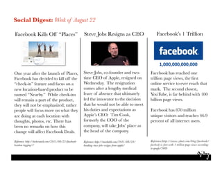 Social Digest: Week of August 22

Facebook Kills Off “Places”
 Steve Jobs Resigns as CEO
                                                   Facebook’s 1 Trillion




                                                                                                             1,000,000,000,000 
One year after the launch of Places,                    Steve Jobs, co-founder and two-              Facebook has reached one
Facebook has decided to kill off the                    time CEO of Apple, resigned on               trillion page views, the ﬁrst
“check-in” feature and focus on a                       Wednesday. The resignation                   online service to ever reach that
new location-based product to be                        comes after a lengthy medical                mark. The second closest,
named “Nearby.” While check-ins                         leave of absence that ultimately             YouTube, is far behind with 100
will remain a part of the product,                      led the innovator to the decision            billion page views.
they will not be emphasized; rather                     that he would not be able to meet
people will focus more on what they                     his duties and expectations as               Facebook has 870 million
are doing at each locution with                         Apple’s CEO. Tim Cook,                       unique visitors and reaches 46.9
thoughts, photos, etc. There has                        formerly the COO of the                      percent of all internet users.
been no remarks on how this                             company, will take Jobs’ place as
change will affect Facebook Deals.
                     the head of the company. 

Reference: http://techcrunch.com/2011/08/23/facebook-   Reference: http://mashable.com/2011/08/24/   Reference:http://www.zdnet.com/blog/facebook/
location-tagging//
                                     breaking-steve-jobs-resigns-from-apple/
     facebook-is-ﬁrst-with-1-trillion-page-views-according-
                                                                                                     to-google/3009
 
