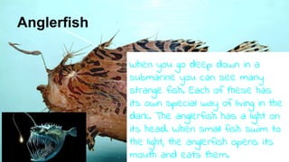 Anglerfish
When you go deep down in a
submarine you can see many
strange fish. Each of these has
its own special way of living in the
dark. The anglerfish has a light on
its head. When small fish swim to
the light, the anglerfish opens its
mouth and eats them.
 