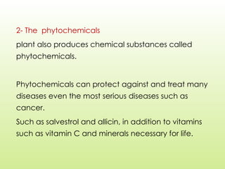 2- The phytochemicals
plant also produces chemical substances called
phytochemicals.
Phytochemicals can protect against and treat many
diseases even the most serious diseases such as
cancer.
Such as salvestrol and allicin, in addition to vitamins
such as vitamin C and minerals necessary for life.
 