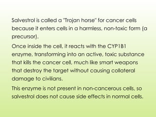 Salvestrol is called a "Trojan horse" for cancer cells
because it enters cells in a harmless, non-toxic form (a
precursor).
Once inside the cell, it reacts with the CYP1B1
enzyme, transforming into an active, toxic substance
that kills the cancer cell, much like smart weapons
that destroy the target without causing collateral
damage to civilians.
This enzyme is not present in non-cancerous cells, so
salvestrol does not cause side effects in normal cells.
 