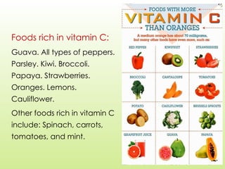 Foods rich in vitamin C:
Guava. All types of peppers.
Parsley. Kiwi. Broccoli.
Papaya. Strawberries.
Oranges. Lemons.
Cauliflower.
Other foods rich in vitamin C
include: Spinach, carrots,
tomatoes, and mint.
 
