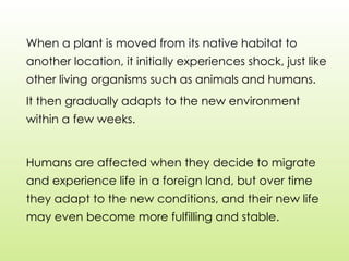 When a plant is moved from its native habitat to
another location, it initially experiences shock, just like
other living organisms such as animals and humans.
It then gradually adapts to the new environment
within a few weeks.
Humans are affected when they decide to migrate
and experience life in a foreign land, but over time
they adapt to the new conditions, and their new life
may even become more fulfilling and stable.
 