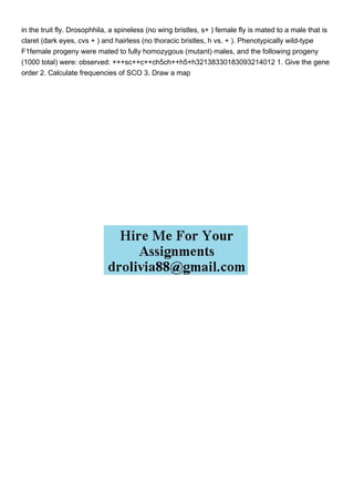 in the truit fly. Drosophhila, a spineless (no wing bristles, s+ ) female fly is mated to a male that is
claret (dark eyes, cvs + ) and hairless (no thoracic bristles, h vs. + ). Phenotypically wild-type
F1female progeny were mated to fully homozygous (mutant) males, and the following progeny
(1000 total) were: observed: +++sc++c++ch5ch++h5+h32138330183093214012 1. Give the gene
order 2. Calculate frequencies of SCO 3. Draw a map
 