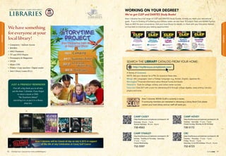 USAG RED CLOUD - CASEY AND AREA I
LIBRARIES
732-5597
CAMP STANLEY
http://mylibraryus.armybiznet.com/search~S9
Sunday - Tuesday  Thursday - Saturday:
11 a.m. – 7 p.m.
Closed Wednesday
CAMP CASEY
http://mylibraryus.armybiznet.com/search~S4
730-4563
Everyday: 10 a.m. - 7 p.m.
Korean Holidays: 10 a.m. - 6 p.m.
732-6723
CRC
http://mylibraryus.armybiznet.com/search~S8
Tuesday – Thursday: 11 a.m. – 7 p.m.
Friday: 10 a.m. – 7 p.m.
Saturday, U.S. KN Holidays: 10 a.m. - 6 p.m.
730-5172
CAMP HOVEY
http://mylibraryus.armybiznet.com/search~S5
Tuesday – Saturday: 11 a.m. – 7 p.m.
Closed Sunday, Monday  KN Holidays
A Variety of Databases:
NOTE: Ask your Librarian for a PIN, for access to these sites.
Mango: 60+ Languages. Learn a Foreign Language: e.g. Korean, English, Japanese etc…
Morningstar: Financial information about Mutual Funds and Stocks.
Peterson’s: Tools for college, military, and civilian career success.
Tutor.com: Chat 24/7 with a tutor for elementary-K12 through college algebra, essay writing, calculus,
physics and more.
http://mylibraryus.armybiznet.com/
SEARCH THE LIBRARY CATALOG FROM YOUR HOME:
JUST A FRIENDLY REMINDER
First off, a big thank you to all who
use the Area 1 Libraries. If you forgot
to return a book or DVD,
“No Questions Asked”
Just bring it in, or put it in a library
drop box
• Computers / Internet Access
• BOOKS
• AKO Databases
• TV and DVD Players
• Newspapers  Magazines
• DVDS
• Music CDS
• Printer/ Copy machine/ Digital sender
• Inter Library Loans (ILL):
We have something
for everyone at your
local library!
Area 1 Libraries’ BOOK CLUB is currently in recess.
If community members are interested in rebooting a Library Book Club please
contact your local Library and our staff will assist you.For more information, call 730-4563
Storytime
Project
July 8
July15
July22
July29
Camping
Summer Time
Dinosaurs
Ice Cream
/ Water Play
Every Wednesday, 10:30 a.m.
@ Camp Casey Library
WORKING ON YOUR DEGREE?
We’ve got CLEP and DANTES Study Books!
Area I Libraries has a full range of CLEP and DANTES Study Guides, to help you reach your educational
goals. If you’re thinking of furthering your military career, we also have 18 Subject Tests and ASVAB Practice
Tests on AKO for your convenience. Visit your local library for details, or check with your Education Advisor
on how best to maximize your testing opportunities!
Area I Libraries will be Closed all day on July 4,2015 in support
of the 4th of July Celebration at Casey Golf Course
5554 USAG Red Cloud - Casey and Area I Family and MWR Magazine IN THE ZONE
Libraries
Libraries
 