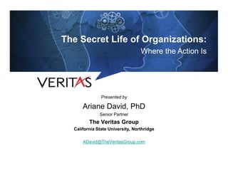 Shrink-Wrapped in Our Own Thinking:
Thinking That Transforms
Presented by
Ariane David, PhD
Senior Partner
The Veritas Group
California State University, Northridge
ADavid@TheVeritasGroup.com
The Secret Life of Organizations:
Where the Action Is
 