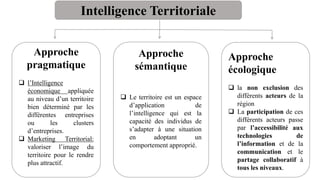 22
Intelligence Territoriale
Approche
pragmatique
 l’Intelligence
économique appliquée
au niveau d’un territoire
bien dét...