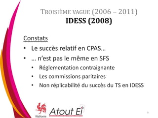 TROISIÈME VAGUE (2006 – 2011)
IDESS (2008)
Constats
• Le succès relatif en CPAS…
• … n’est pas le même en SFS
• Réglementa...