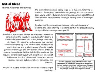 Initial Ideas
Theme, Audience and Layout
The overall theme we are opting to go for is students. Referring to
students often springs to mind vibrancy, energy and structure with
been young and in education. Referencing education, social life and
friendship will help to secure the target demographic of a younger
audience.
To relate to this theme we are choosing to include imagery of
students and titles referring to students so that the product is easily
recognizable by the target demographic.
In relation to a student lifestyle we also need to take into
consideration the structure. Structure refers back to a
student lifestyle in terms of a school/college timetable,
day to day life, planning etc. Compared to a younger
children audience e.g. 3-10 – which does not require as
much structure and products would often be heavily
jumbled with images and only a small amount of text to
relate to the audience. With a slightly older audience this
requires a more block layout with a significant amount of
informative text that still remains simple and easy to
navigate through, but does not over complicate the
method.
We will set out the recipe cards presented in the example
provided;
Image
Main Title
Recipe Name
Logo
Header
Method
Ingredients
ImageNut.
Values
Including nutritional values is beneficial to our target
demographic as often a large percentage of people 16-21
find food products more helpful and informative if they can
see what exactly is in the product. This can be due to diet
plan, allergies or simply down to personal choice.
 