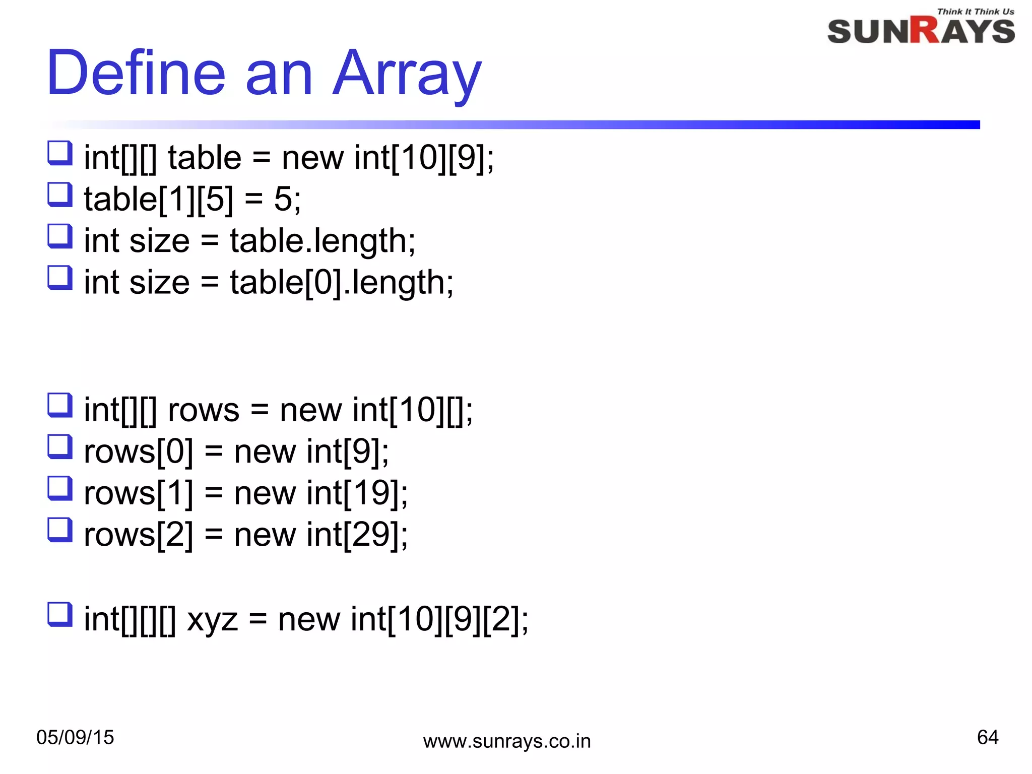 05/09/15 www.sunrays.co.in 64
Define an Array
 int[][] table = new int[10][9];
 table[1][5] = 5;
 int size = table.length;
 int size = table[0].length;
 int[][] rows = new int[10][];
 rows[0] = new int[9];
 rows[1] = new int[19];
 rows[2] = new int[29];
 int[][][] xyz = new int[10][9][2];
 