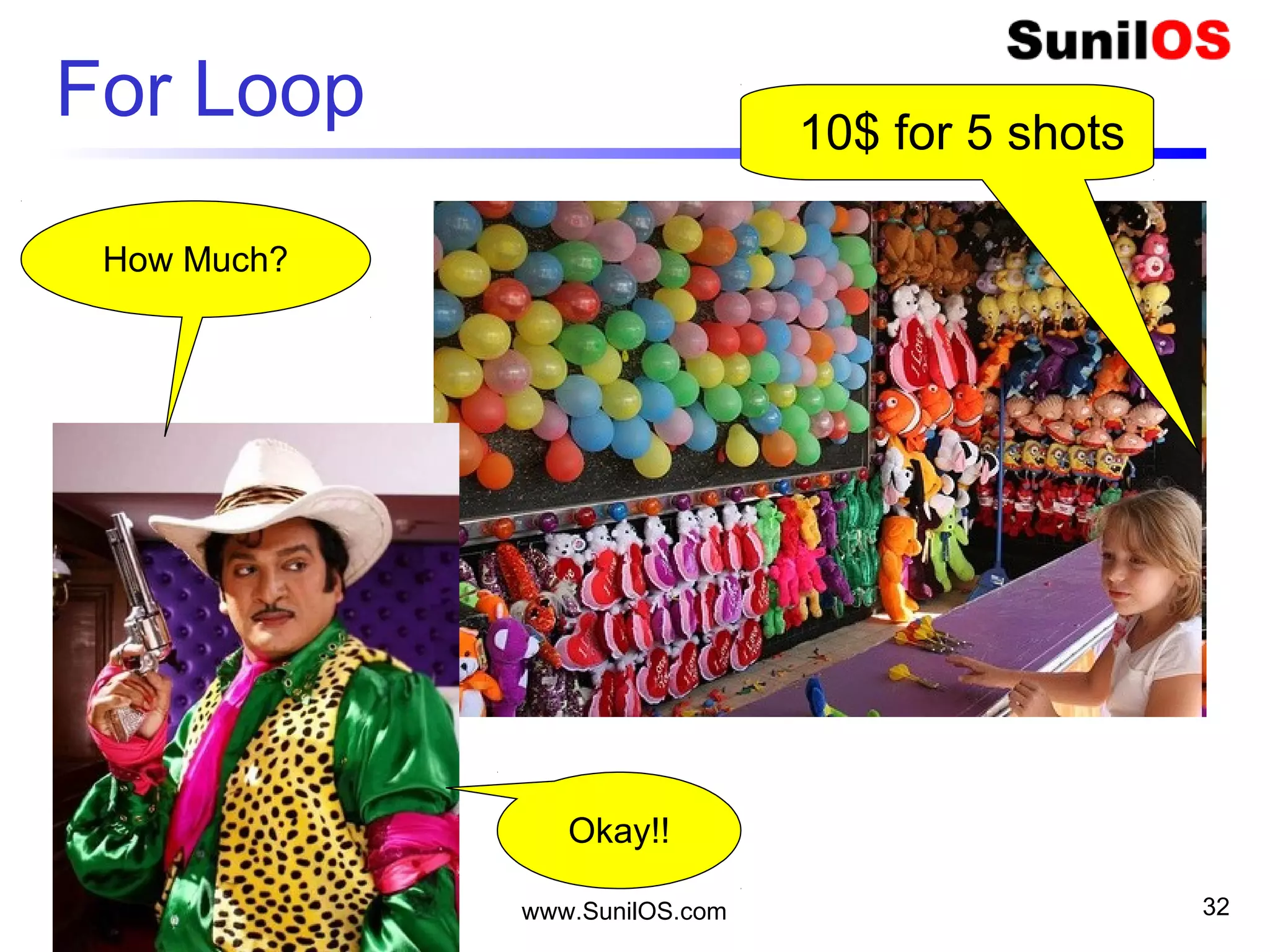  public class HelloFor {
 public static void main(String[] args)
 {
o for (int shot=1; shot <= 5; shot++)
o {
 System.out.println(i+“Shot Balloon");
o }
o }
 }
www.SunilOS.com
For Loop – Five shots
32
 