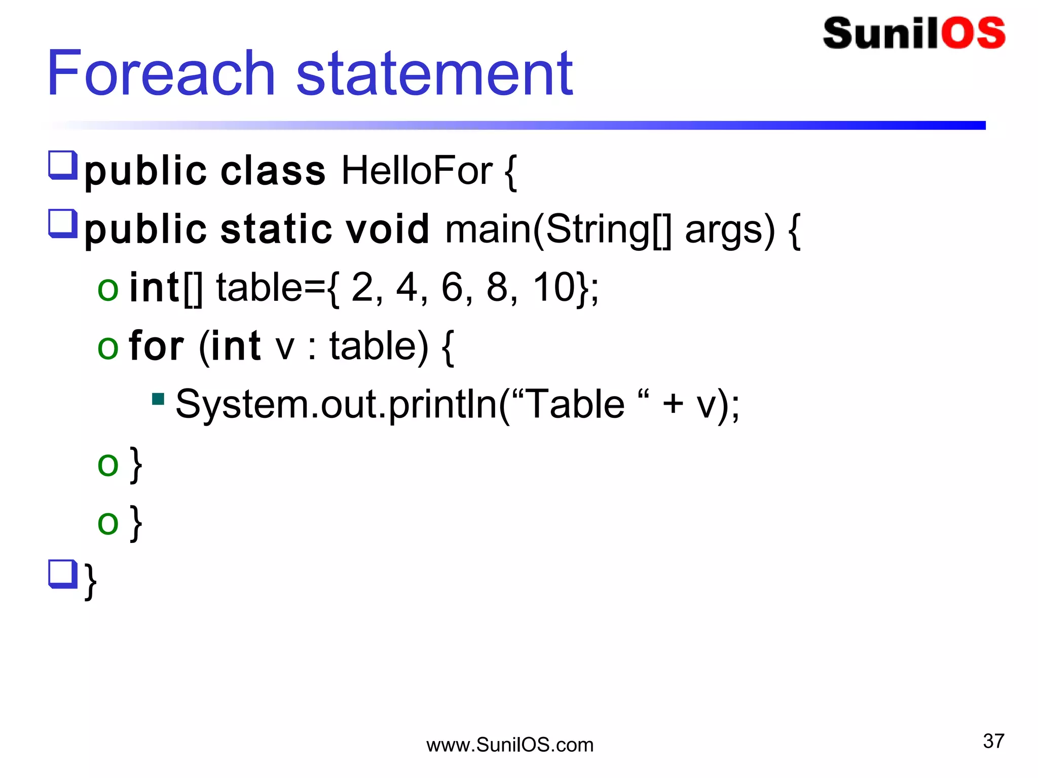 www.SunilOS.com 37
Add.java
public class Add {
public static void main(String[] args) {
oint a = 5;
oint b = 10;
oint sum = a + b;
oSystem.out.println("Sum is " + sum);
}
}
 