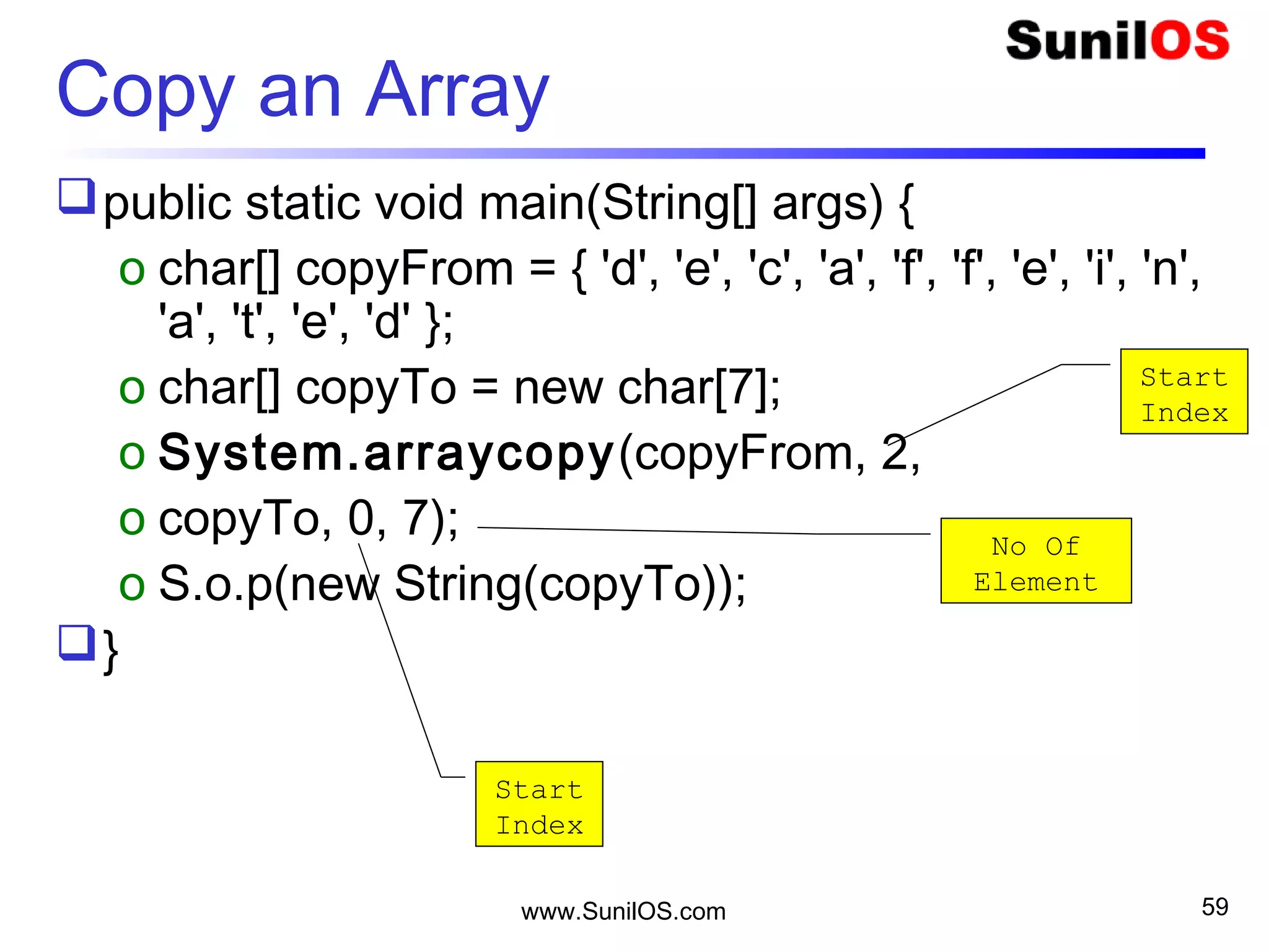 www.SunilOS.com 59
One Dimension Array
int[] table;
table = new int[10];
table[0] =2;
table[1] =4;
4B
10
[0]
[1]
[9]
length
2
4
20
1000
1000
table
 