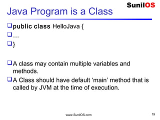 www.SunilOS.com 19
Java Program is a Class
public class HelloJava {
…
}
A class may contain multiple variables and
methods.
A Class should have default ‘main’ method that is
called by JVM at the time of execution.
 